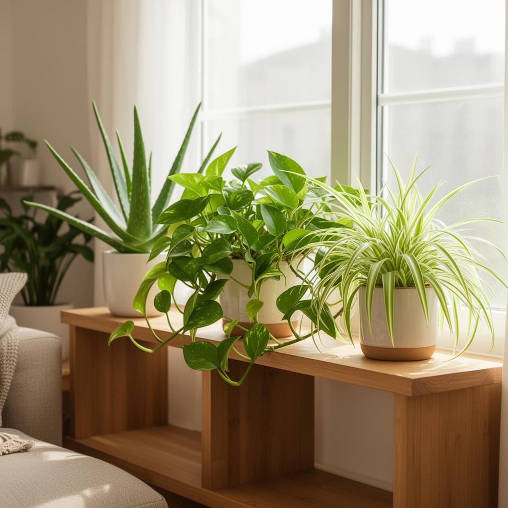 Lush indoor houseplants including Aloe Vera, Pothos, and Spider Plant in a bright home setting