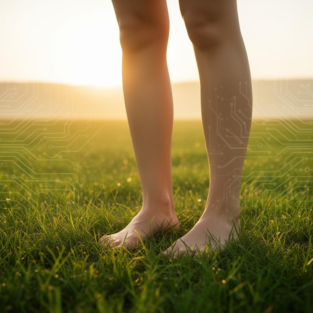 Person standing barefoot on green grass at sunrise blending nature and technology