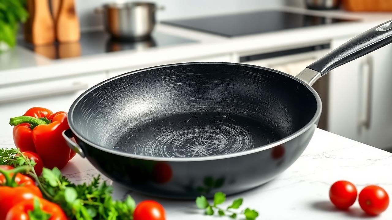 Scratched black Teflon nonstick pan on a kitchen counter beside fresh vegetables and herbs