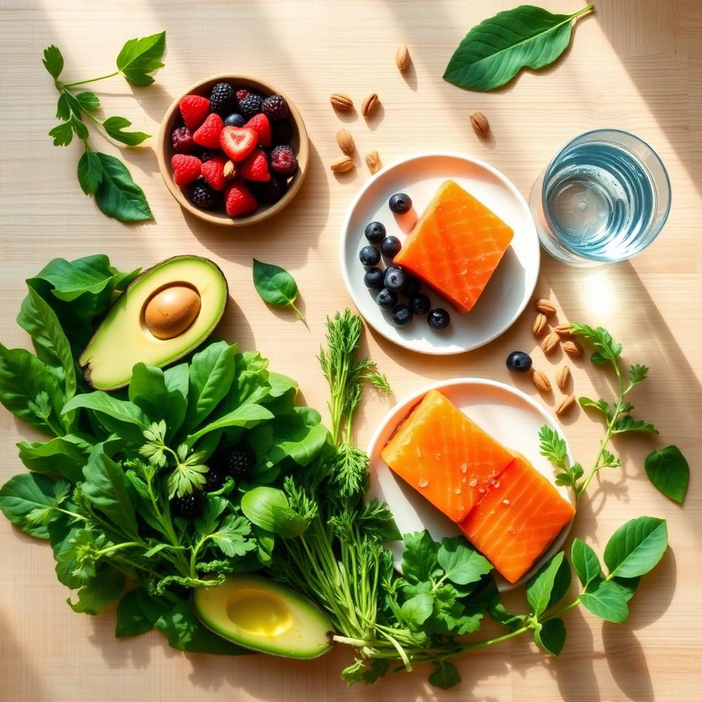 Fresh whole foods including leafy greens, avocado, berries, salmon, nuts, and a glass of water arranged on a wooden surface