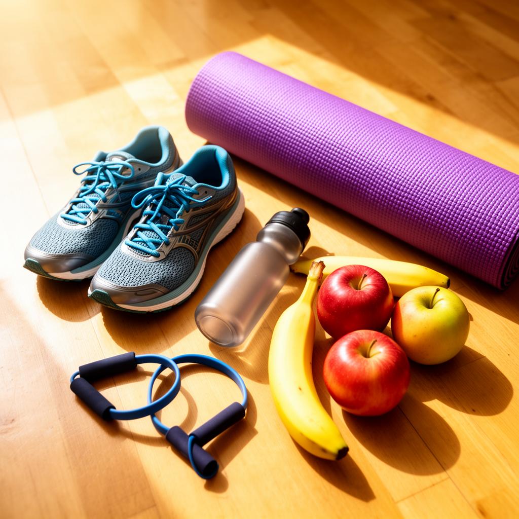Fitness essentials — running shoes, yoga mat, water bottle, resistance bands, and fresh fruit on a bright wooden floor