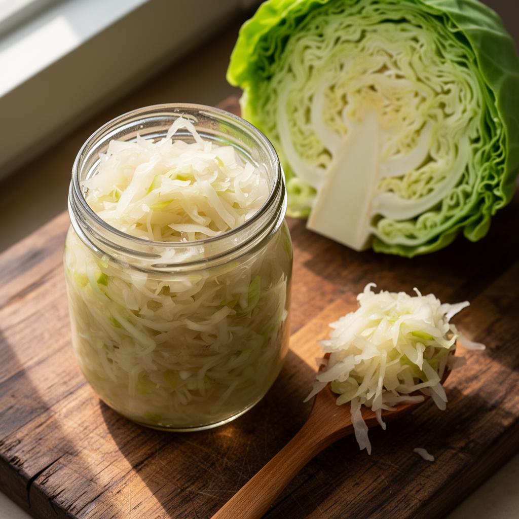 Jar of homemade fermented sauerkraut on a rustic wooden table — probiotic-rich gut health food