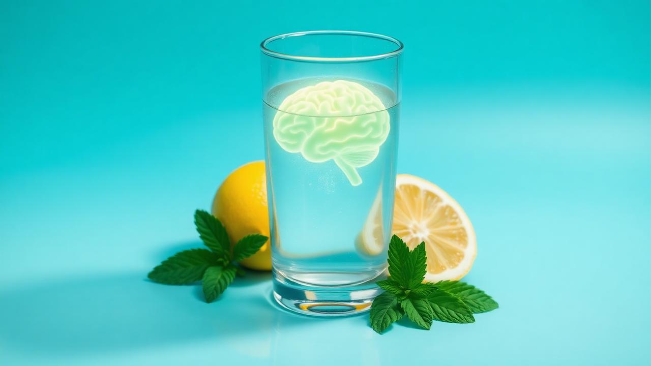 Glass of fresh water with a glowing brain inside, surrounded by lemon and mint — symbolizing hydration and brain health
