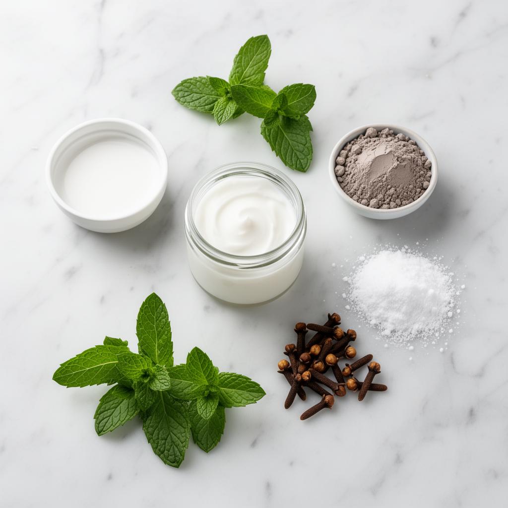 Natural homemade toothpaste ingredients: coconut oil, bentonite clay, baking soda, peppermint and cloves on a marble surface