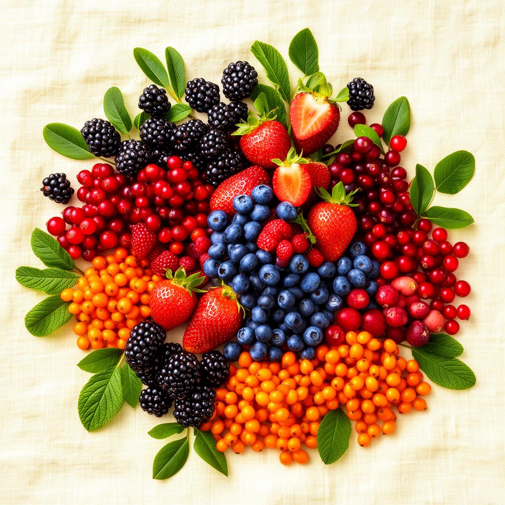 Overhead flat lay of fresh strawberries, blackberries, blueberries, cranberries, lingonberries and seabuckthorn berries