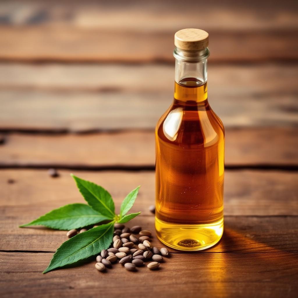A glass bottle of cold-pressed castor oil with castor seeds and a green leaf on a rustic wooden surface