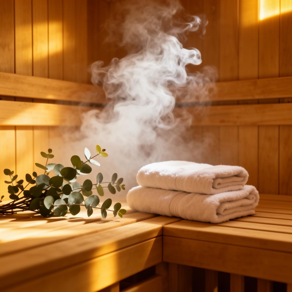Warm wooden steam sauna interior with soft billowing steam, eucalyptus branches and folded white towels